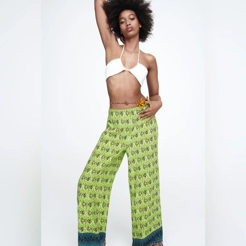 NWOT ZARA Full-Length Printed Trousers‎ Flowy Wide Leg Viscose LARGE 7484/159